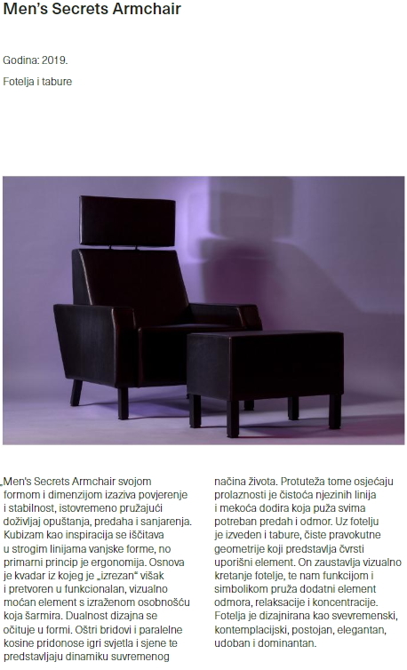 Men's Secrects Tekst o fotelji Men's Secrets Armchair Igora Prodanovića objavljen u službenom prospektu 55. Zagrebačkog salona