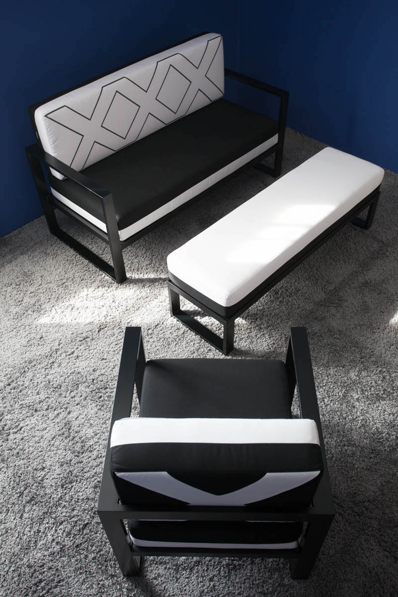 XXX Collection: X Armchair, XXX Sofa, XXX Tabouret and Coffee Table XXX Collection of aluminum black white tabouret and pillows